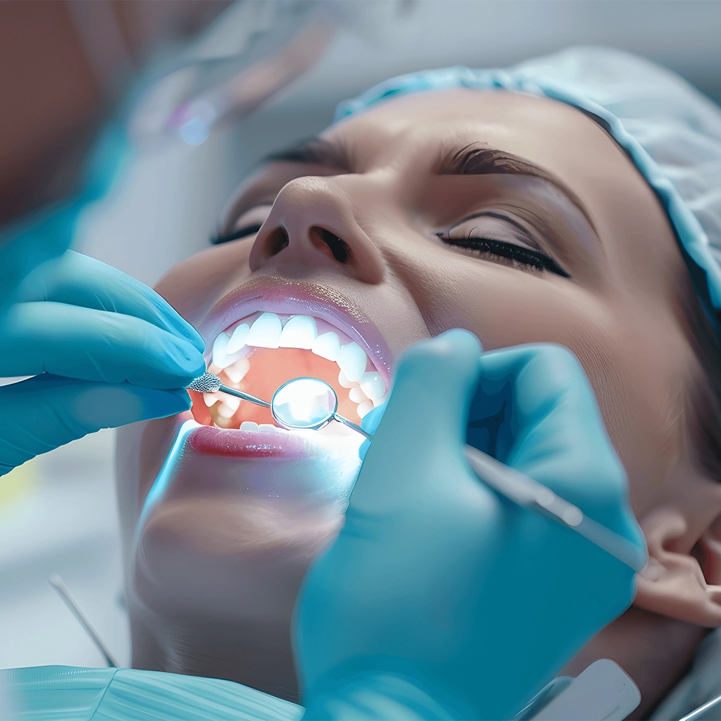 dentist examining patient's teeth in modern dental office