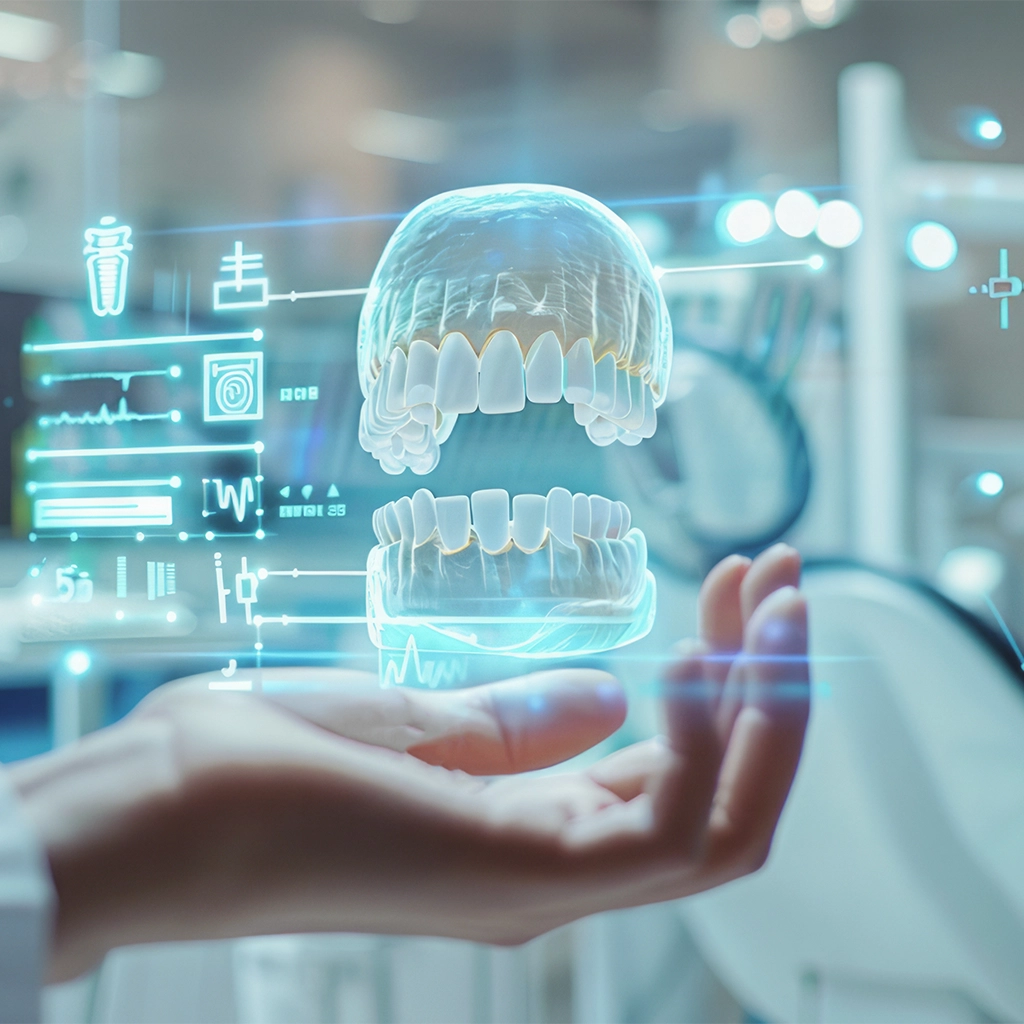 futuristic dental clinic showcases a floating 3D model of teeth highlighting advanced technology