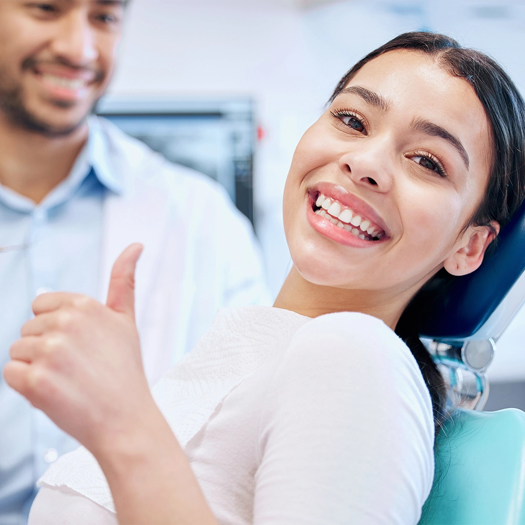 happy thumbs up and portrait of dentist and patient for teeth whitening