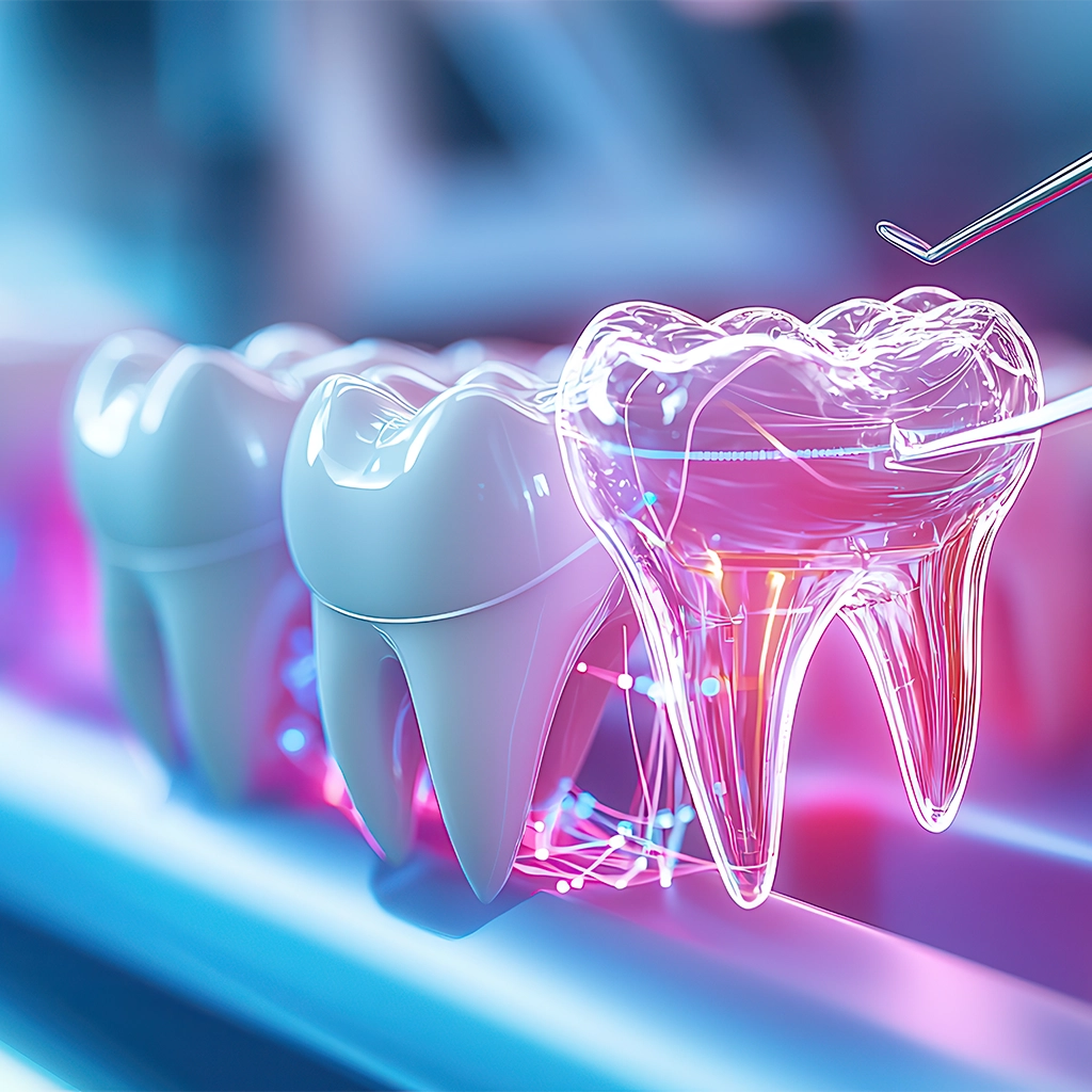 robotic dentist performing AI enhanced dental procedures with glowing teeth model