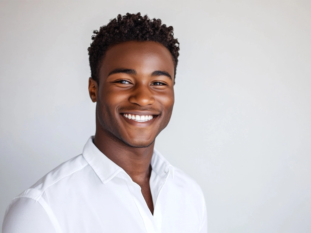 handsome young man smiling in white shirt against white background_LG