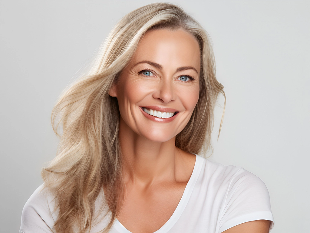 middle-aged woman on a gray background smiling at camera_LG