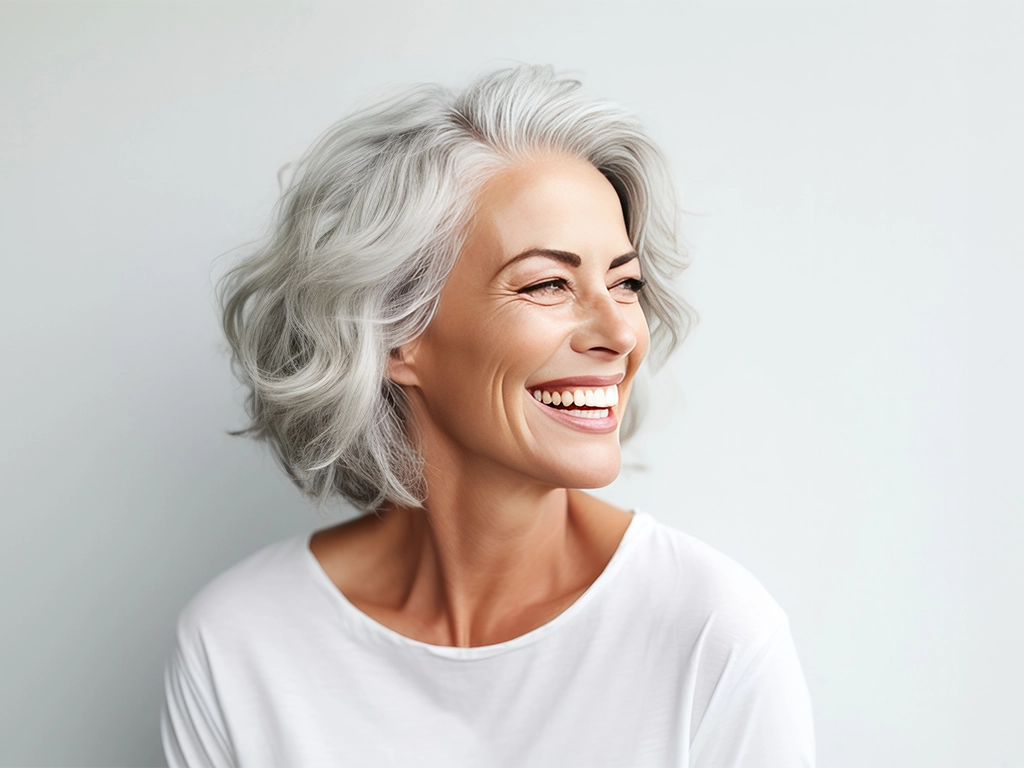 portrait of a mature beautiful woman looking right with bright smile_LG