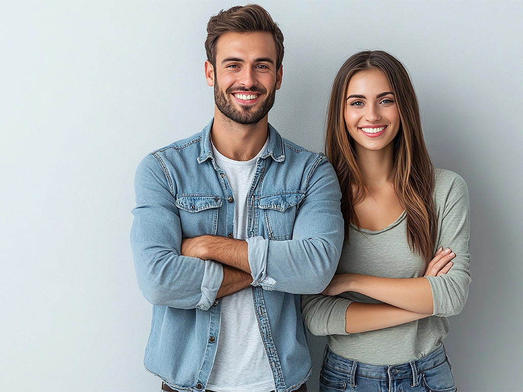 smiling handsome man and beautiful woman standing confidently with arms crossed_LG