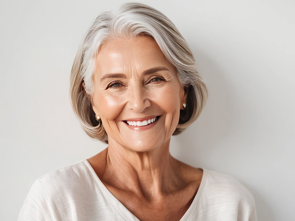portrait of beautiful older woman smiling and standing by white wall_LG